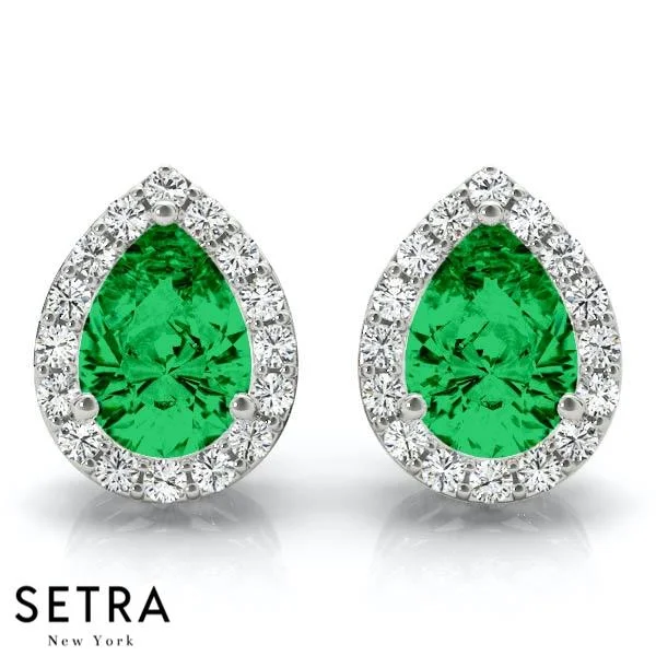 Women's stainless steel rings-GREEN EMERALD PEAR SHAPE & ROUND CUT DIAMONDS HALO STUD EARRING 14K GOLD