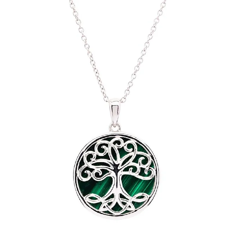 Women's bohemian necklaces-Shanore : Green Malachite Sterling Silver Tree of Life Pendant