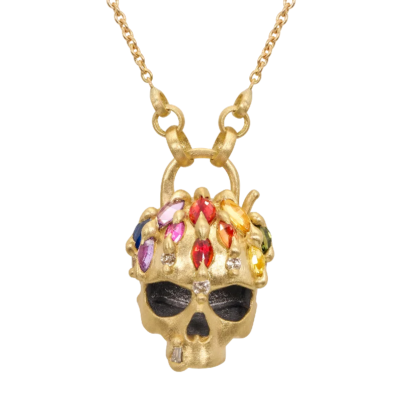 Women's zodiac necklaces-Rainbow Enchanted City Skull Padlock Necklace - 11805