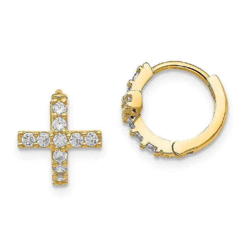 Women's threader earrings-Madi K Kid's 14K  Polished CZ Cross Hinged Hoop Earrings