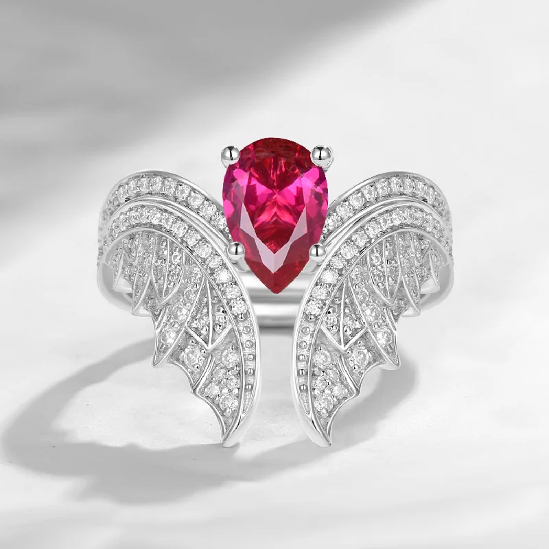 Women's cocktail rings-Pear Cut Lab Ruby Vintage White Gold Bridal Set 2pcs - Bat Ring