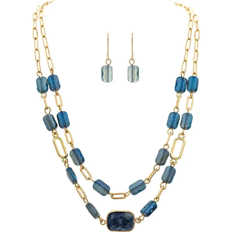 Women's seasonal necklaces-Rain : Gold Blue Facet Gem Genuine Stone Necklace Set