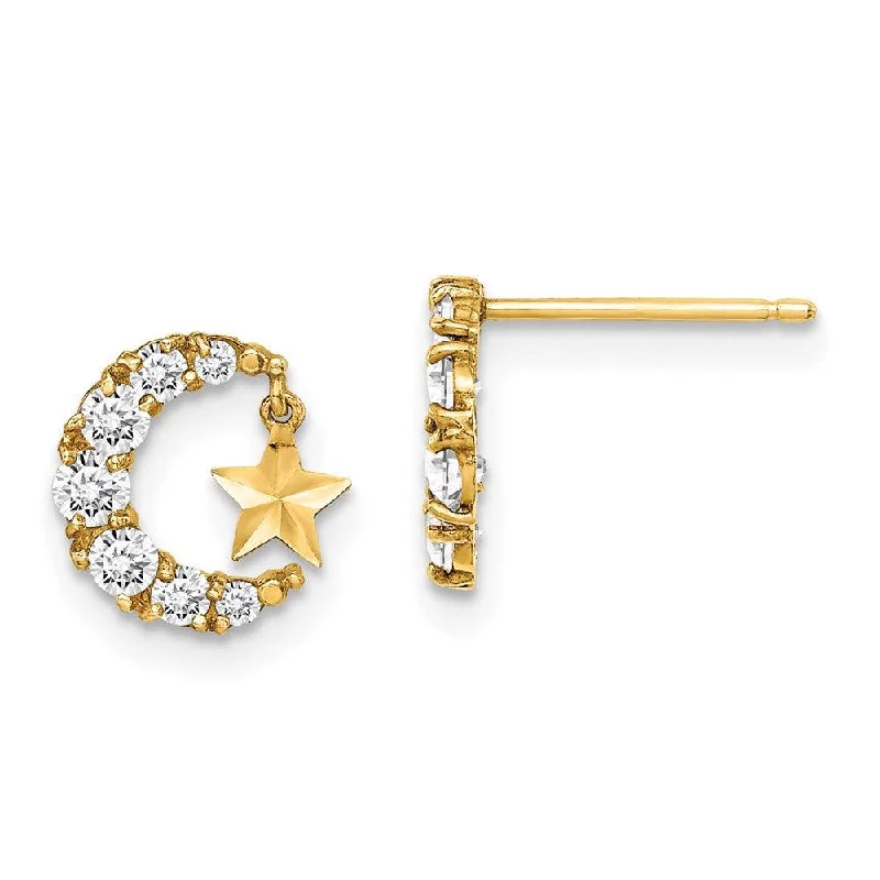 Women's K gold earrings-Madi K Kid's 14k  CZ Crescent Moon with D/C Star Dangle Post Earrings