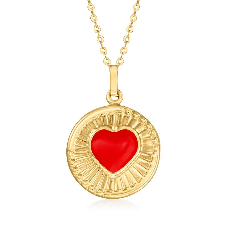 Women's modern design necklaces-Canaria Red Enamel Heart Circle Pendant Necklace in 10kt Yellow Gold