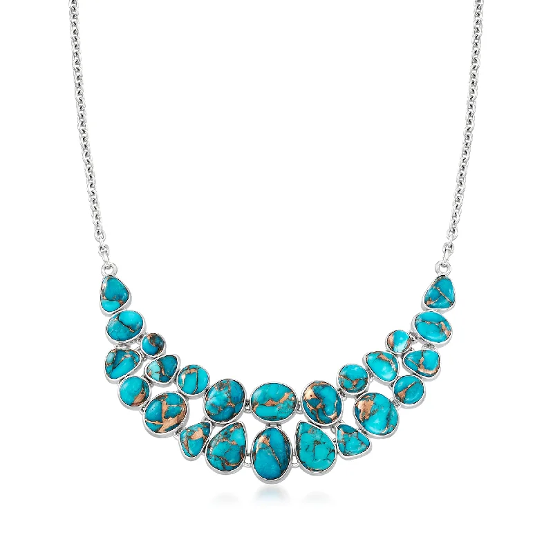 Women's diamond necklaces-Ross-Simons Kingman Turquoise Bib Necklace in Sterling Silver