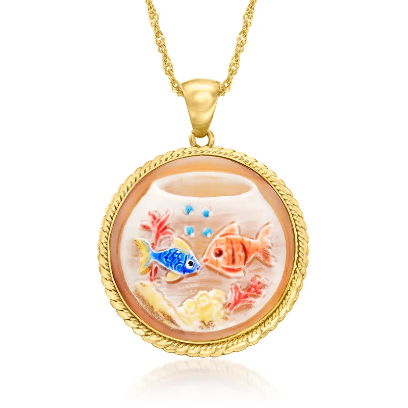 Women's photo necklaces-Ross-Simons Italian Brown Shell Cameo Fish Bowl Pendant Necklace in 18kt Gold Over Sterling