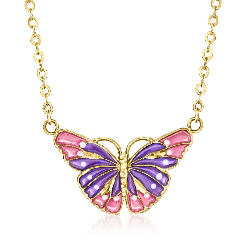 Women's everyday necklaces-Ross-Simons Italian Multicolored Enamel Butterfly Necklace in 14kt Yellow Gold