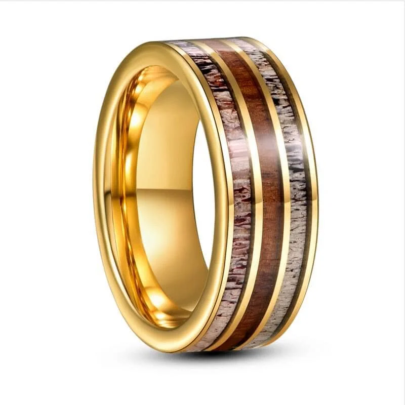 Women's investment rings-Electric Gold Inlaid Deer Antler Wood Grain Tungsten Carbide Men's Ring