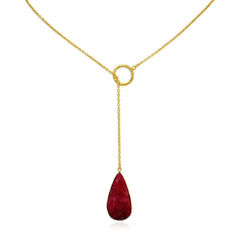 Women's long necklaces-18K Gold Ruby Pear Drop Lariat Necklace