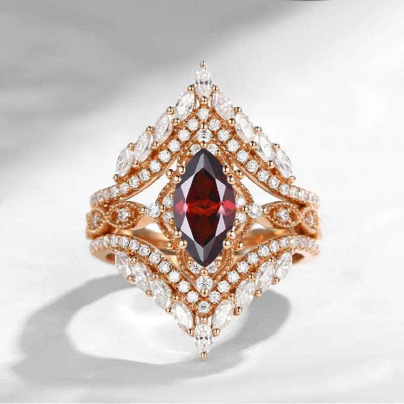 Luxury women's rings-Vintage Style Marquise Garnet Cage Ring 2pcs