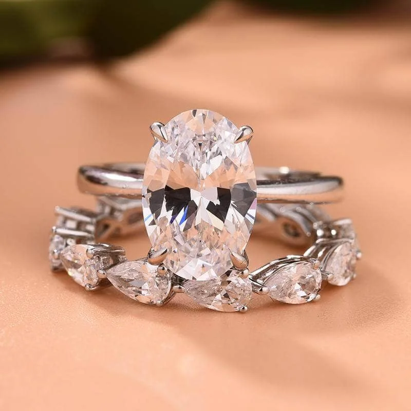 Women's personalized rings-Stunning Oval & Pear Cut Simulated Diamond Bridal Ring Set