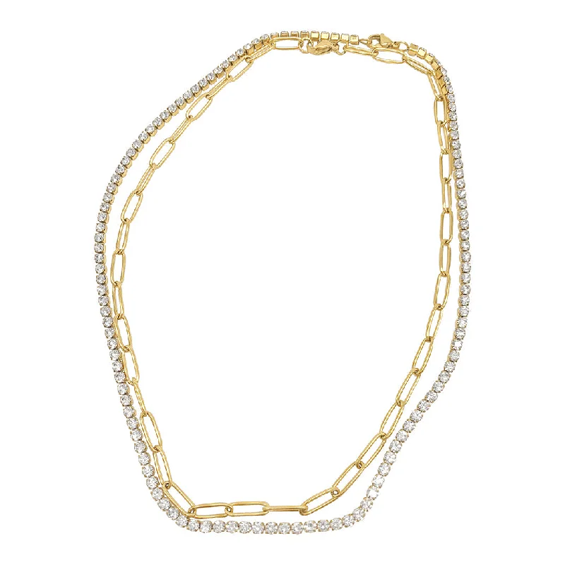 Women's K gold necklaces-Adornia Paper Clip Chain and Tennis Necklace Set gold