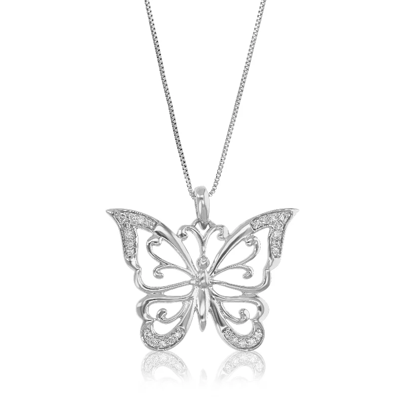 Women's diamond necklaces-1/10 cttw Lab Grown Diamond Butterfly Pendant Necklace .925 Sterling Silver with 18 Inch Chain 2/3 Inch