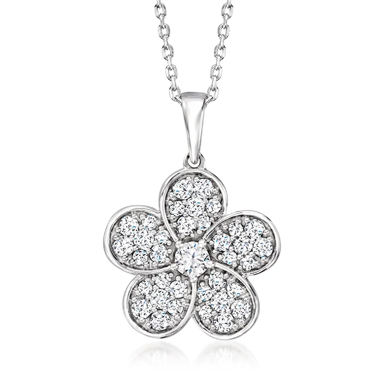 Women's casual necklaces-Ross-Simons Diamond Flower Pendant Necklace in Sterling Silver