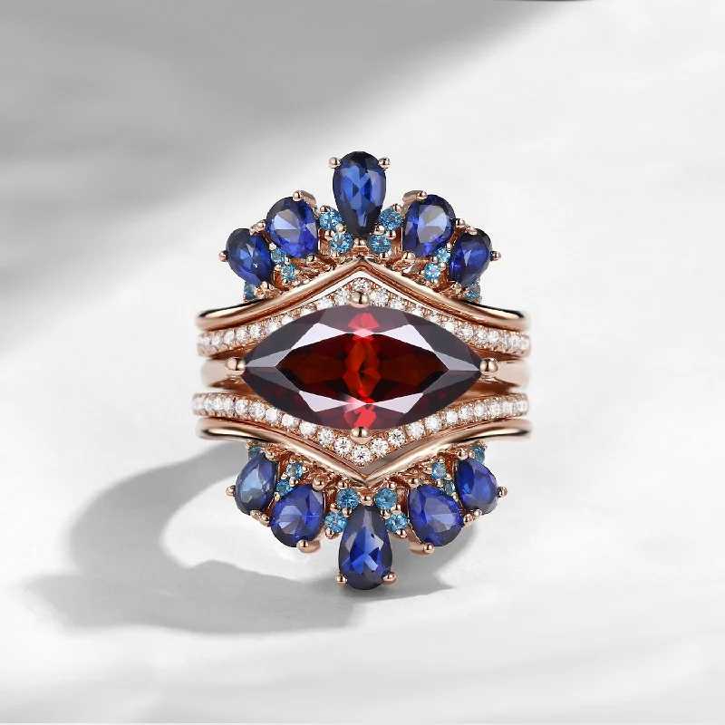 Women's pet memorial rings-Maximalist Vintage Marquise Garnet 'Royal Extravaganza' Ring Set 5pcs