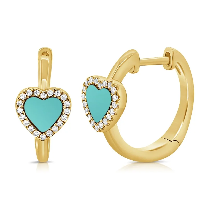 Women's vintage-inspired earrings-14K GOLD DIAMOND TURQUOISE HAILEY HEART HUGGIES