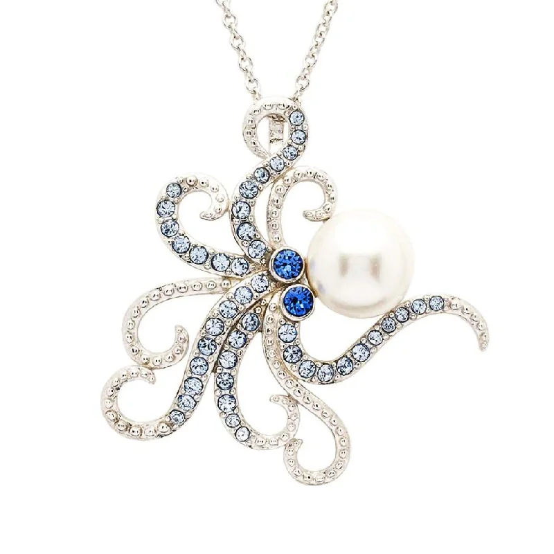 Custom women's necklaces-Ocean : Sterling Silver Pearl with Blue Crystal Octopus Necklace