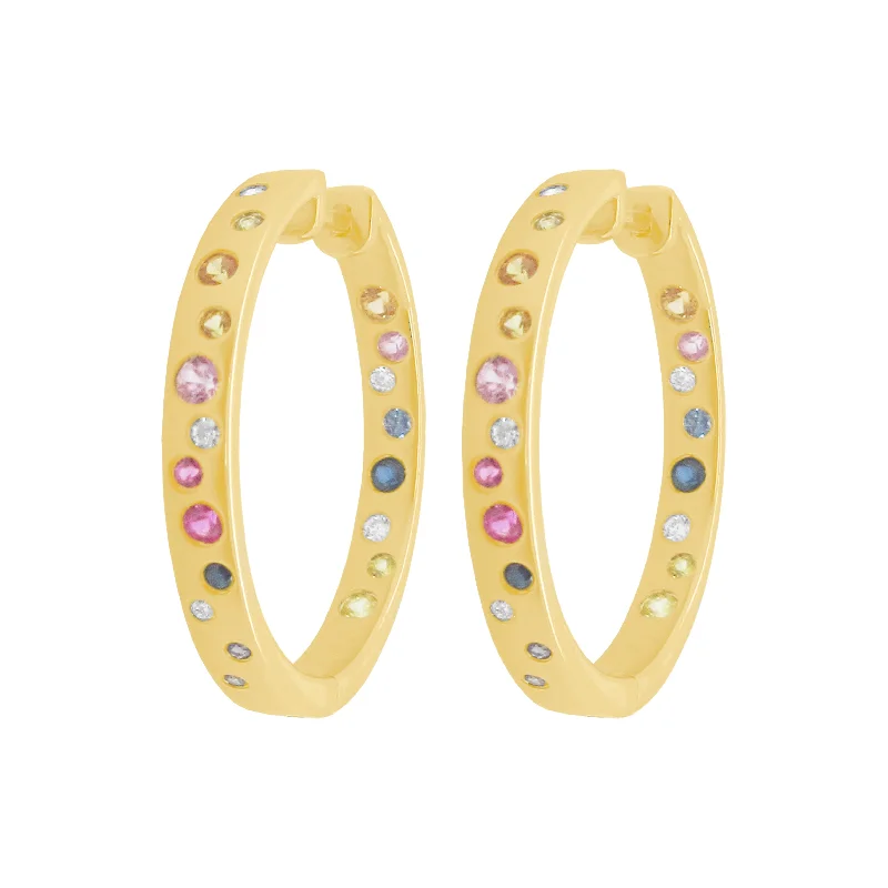 Women's nickel-free earrings-14K GOLD MULTICOLOR SAPPHIRE CONFETTI HOOPS