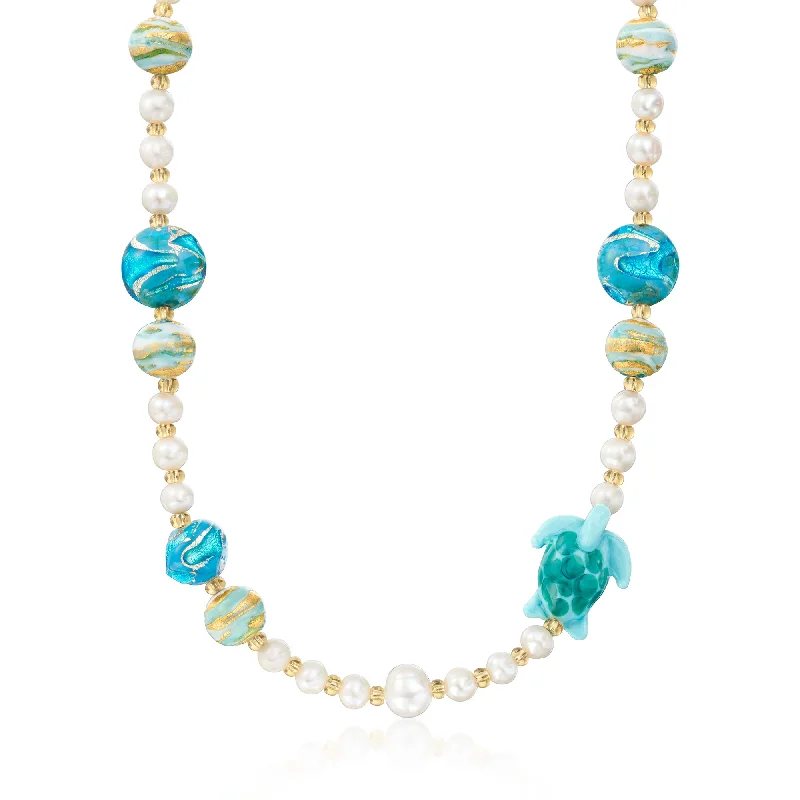 Women's platinum necklaces-Ross-Simons Italian Multicolored Murano Glass Turtle and Bead Necklace With 6-11mm Cultured Pearls in 18kt Gold Over Sterling