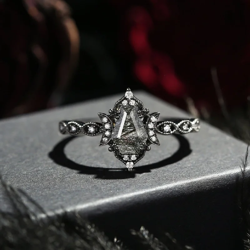 Women's Mother's Day rings-Crescent Moon | Coffin Cut Black Rutilated Quartz 'Black Statement' Ring