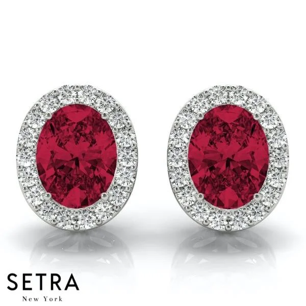 Women's birthstone rings-RUBY OVAL SHAPE & ROUND CUT DIAMONDS HALO STUD EARRING 14K GOLD