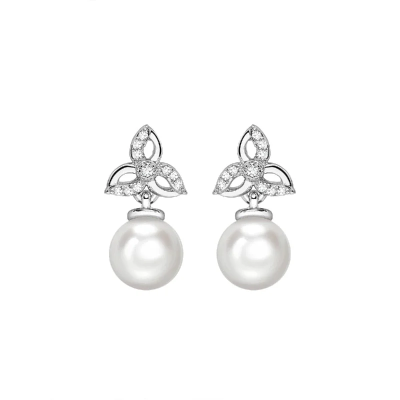 Women's sapphire rings-9K White Gold Freshwater Pearl & Diamond Floral Drop Earring