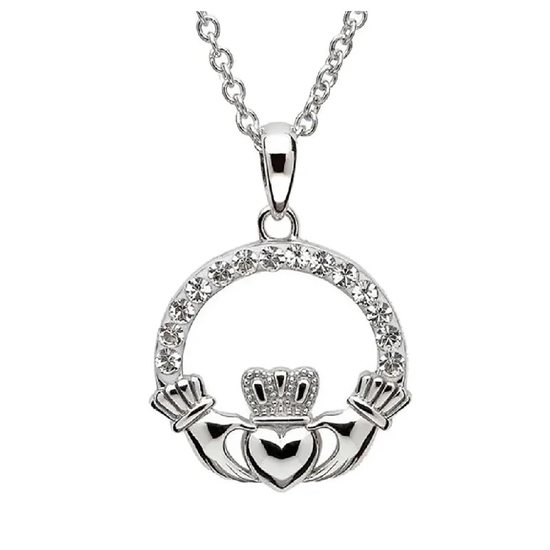 Women's astrology necklaces-Shanore : Sterling Silver Claddagh White Crystal Pendant Swarovski