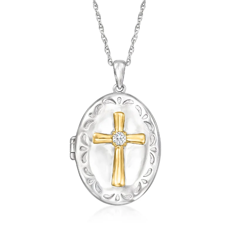 Women's handmade artisan necklaces-Ross-Simons Diamond Cross Locket Necklace in Sterling Silver and 18kt Gold Over Sterling