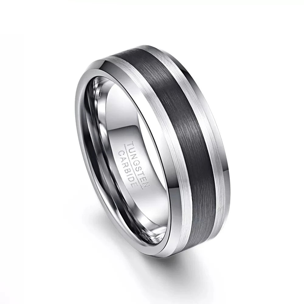 Women's DNA rings-8mm Brushed Finish and Black Center Beveled Edge Ring Band