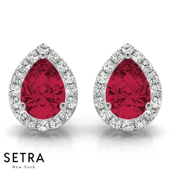 Designer women's rings-RUBY PEAR SHAP & ROUND CUT DIAMONDS HALO STUD EARRING 14K GOLD