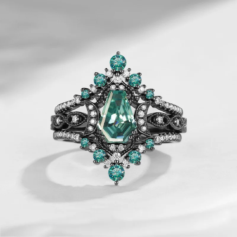 Women's travel rings-Crescent Moon | Coffin Cut Teal Moissanite 'Black Statement' Ring Set 3pcs