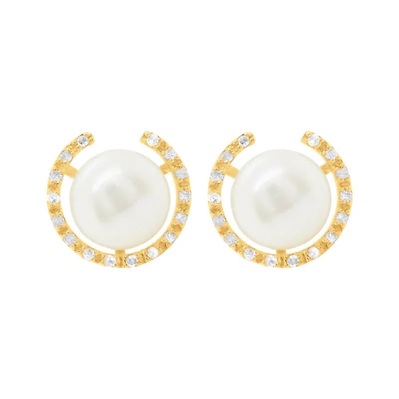 Women's jade earrings-14K GOLD DIAMOND PEARL PERI STUDS