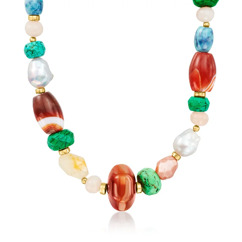 Women's Christmas necklaces-Ross-Simons 13-15mm Cultured Baroque Pearl and Multi-Gemstone Bead Necklace With 18kt Gold Over Sterling