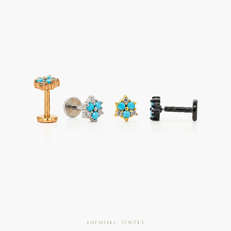 Women's clip-on earrings-Tiny Turquoise Flower Threadless Flat Back Nose Stud, 20,18,16ga, 5-10mm Unisex, Surgical Steel SHEMISLI SS1000