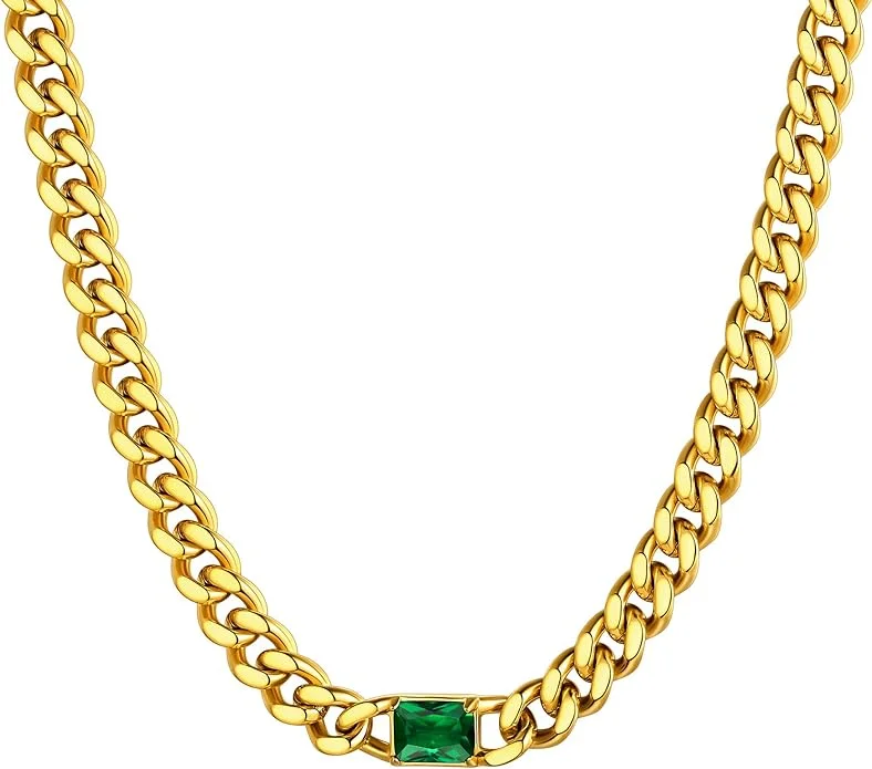 Modern women's necklaces-18K Gold Chain Emerald-cut Green Necklace