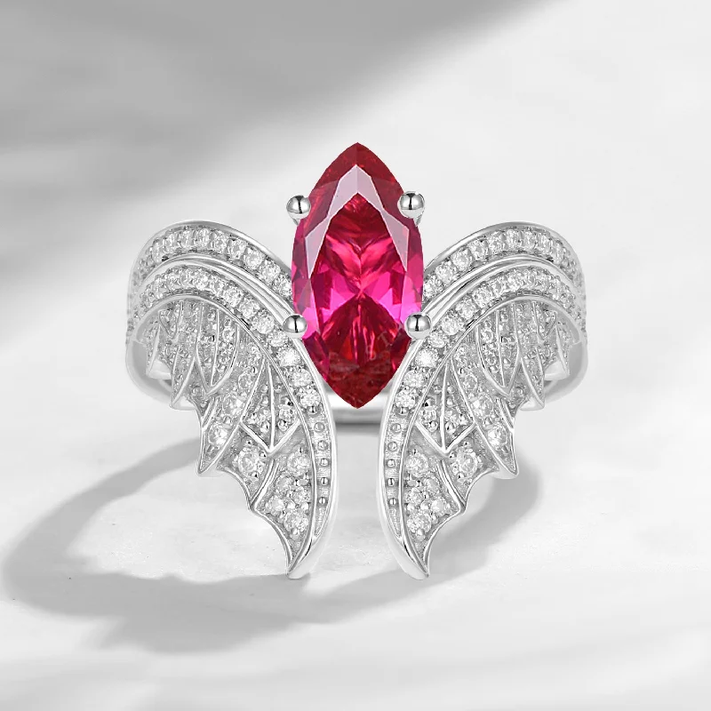 Women's promise rings-Marquise Cut Lab Ruby Vintage White Gold Bridal Set 2pcs - Bat Ring