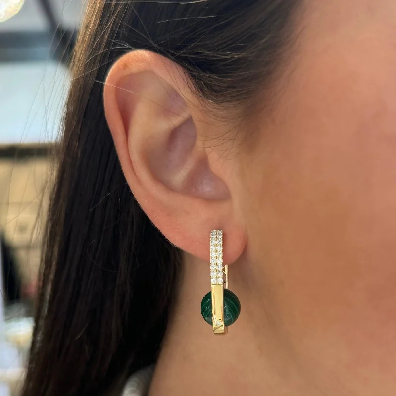 Women's jade earrings-14K GOLD DIAMOND MALACHITE ALIZA HOOPS