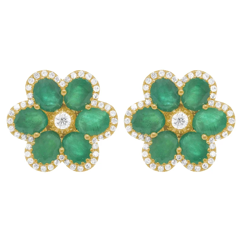 Women's cross earrings-14K GOLD DIAMOND EMERALD LARGE CARRIE FLOWER STUDS