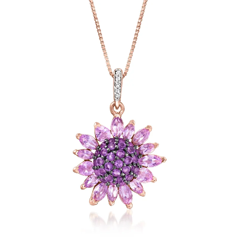 Women's Buddha necklaces-Ross-Simons Amethyst and . White Topaz Flower Pendant Necklace in 18kt Rose Gold Over Sterling