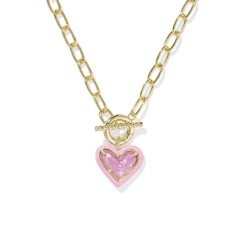 Women's layered necklaces-Kendra Scott : Ari Heart Gold Enamel Frame Link and Chain Necklace in Pink Iridescent Glitter Glass