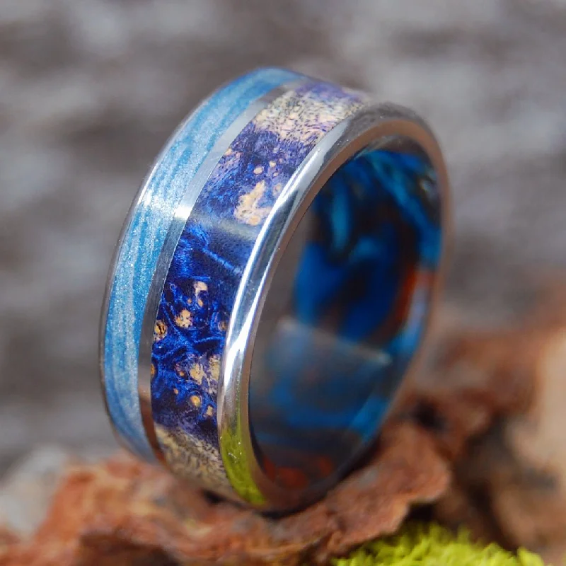 Women's promise rings-Galaxy King | Men's Blue Silver Mokume Gane, Blue Box Elder Wood, Lava Burst Resin & Titanium Wedding Ring