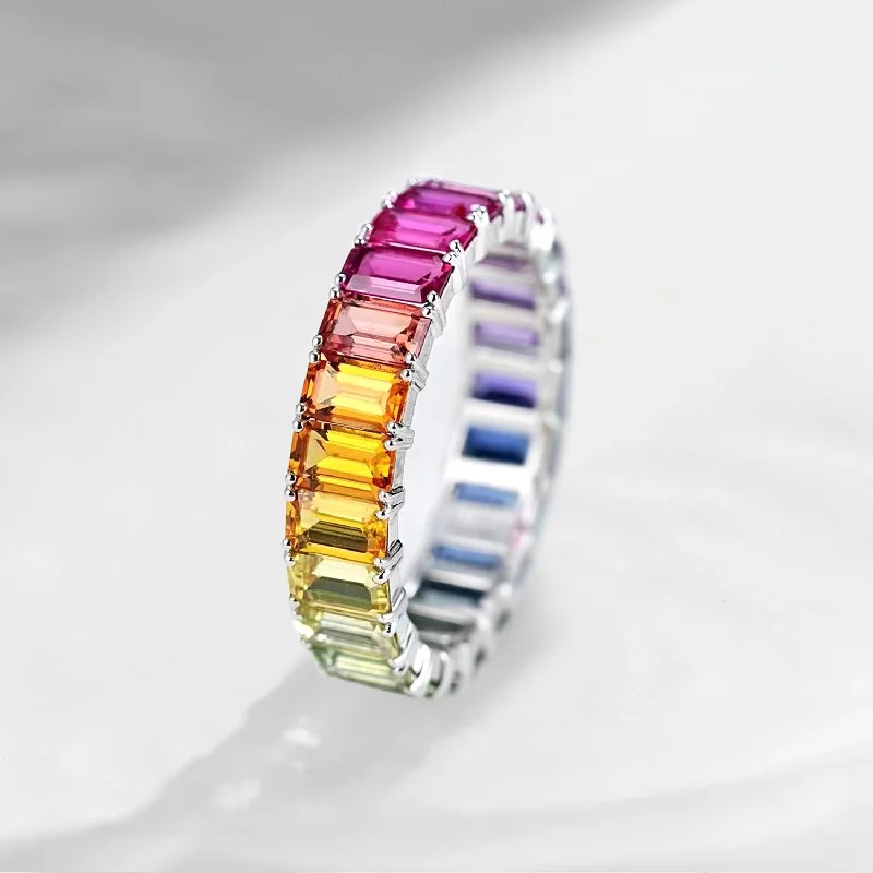 Women's gold rings-Full Eternity Baguette Cut Pave Chunky Rainbow Ring