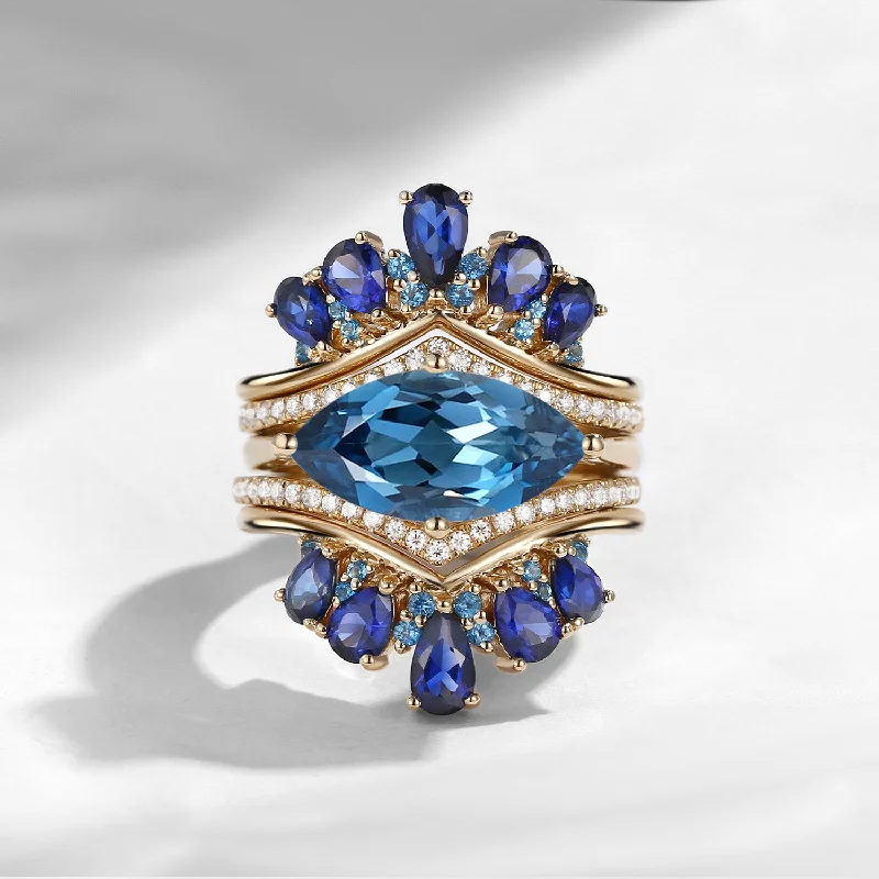 Women's friendship rings-Maximalist Vintage Marquise Blue Topaz 'Royal Extravaganza' Ring Set 5pcs