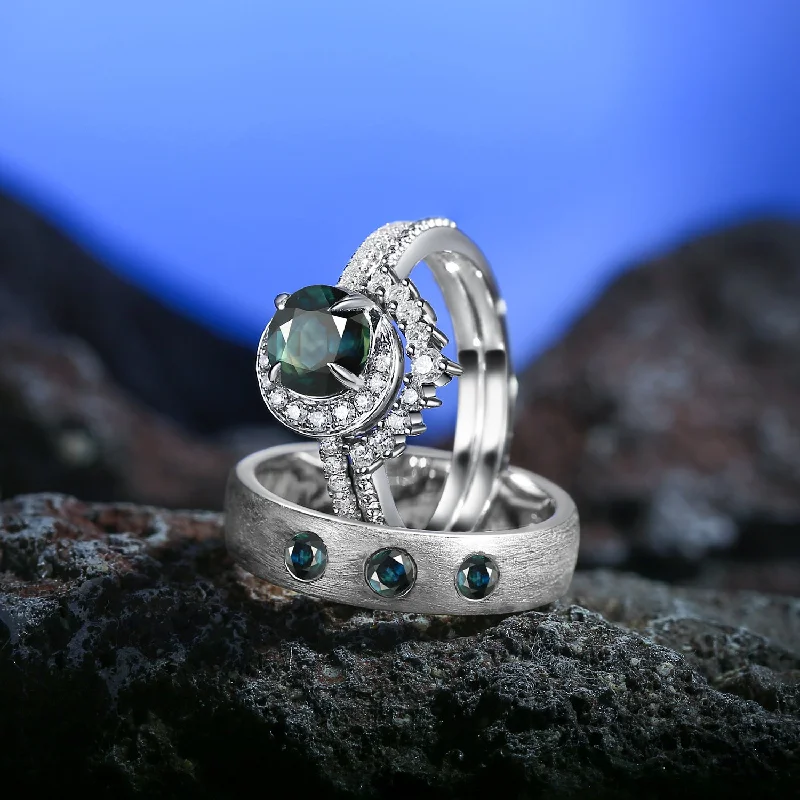 Women's friendship rings-Crescent Moon Round Shaped Natural Teal Sapphire Couple Rings - Full Moon