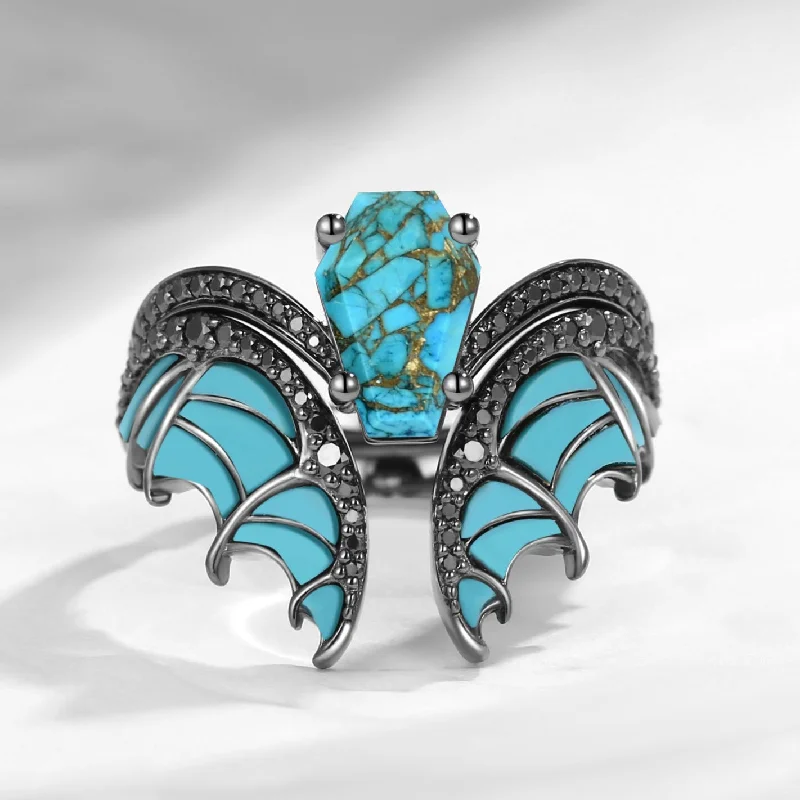 Women's engagement rings-Unique Coffin Cut Turquoise Black Gold Bridal Set 2pcs - Bat Ring