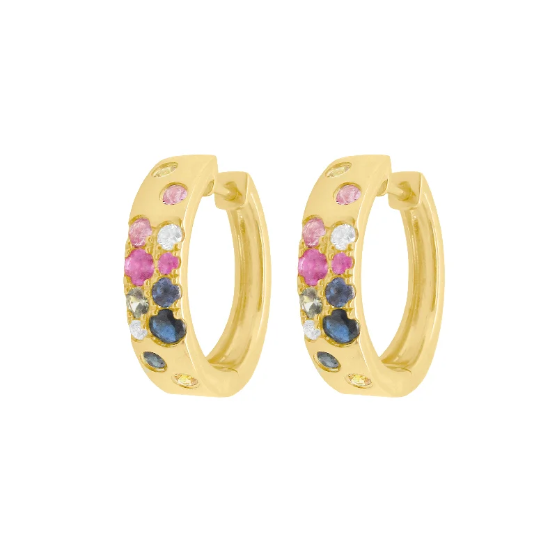 Affordable women's earrings-14K GOLD DIAMOND MULTICOLOR SAPPHIRE CONFETTI MINI HOOPS