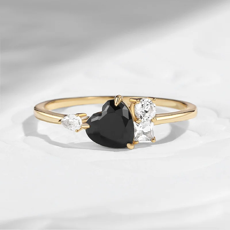 Custom women's rings-Dainty Three Stones Heart Shaped Black Moissanite Promise Ring