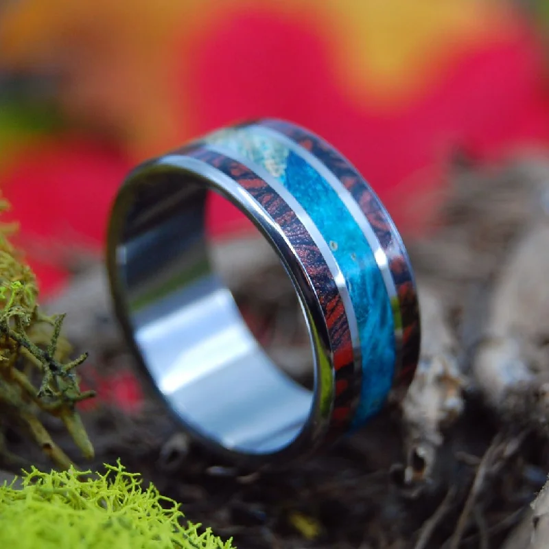 Women's pearl rings-Sabado | Men's Blue Box Elder Wood, Red Mokume Gane, Black Mokume Gane & Titanium Wedding Ring