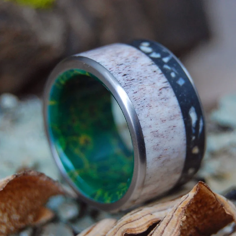 Women's evil eye rings-Long Island Moose | Men's Long Island NY Beach Sand, Moose Antler, Egyptian Jade & Titanium Wedding Ring