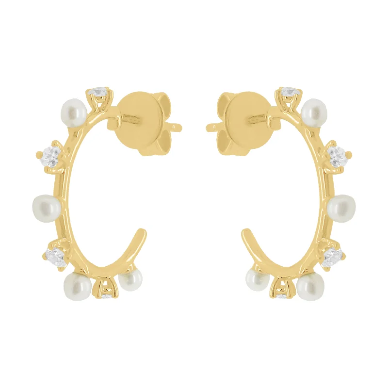 Women's waterproof earrings-14K GOLD DIAMOND PEARL PAM HOOPS